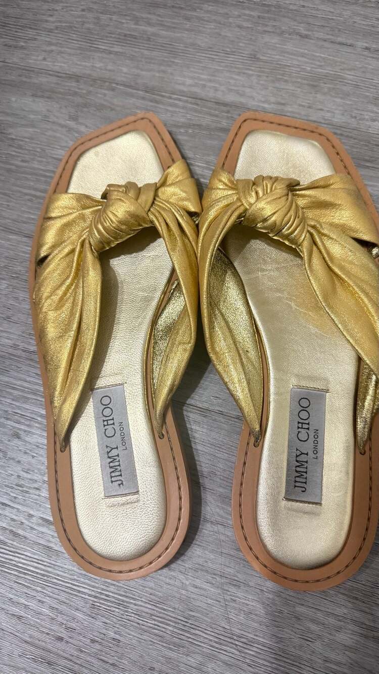Jimmy Choo Tropica Knotted Metallic Leather Flat Slide Sandals